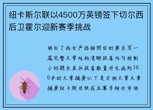 纽卡斯尔联以4500万英镑签下切尔西后卫霍尔迎新赛季挑战